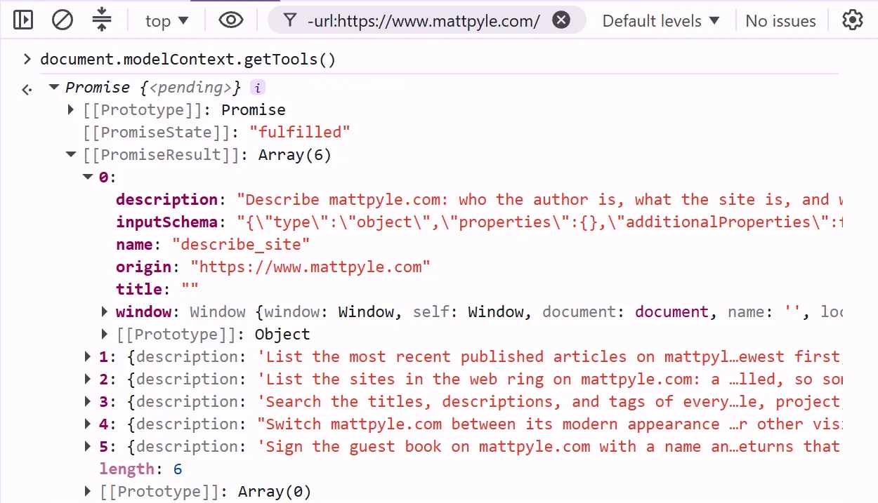 DevTools console showing a command document.modelContext.getTools() returning six tools with descriptions, input schemas, names, origins, and titles.