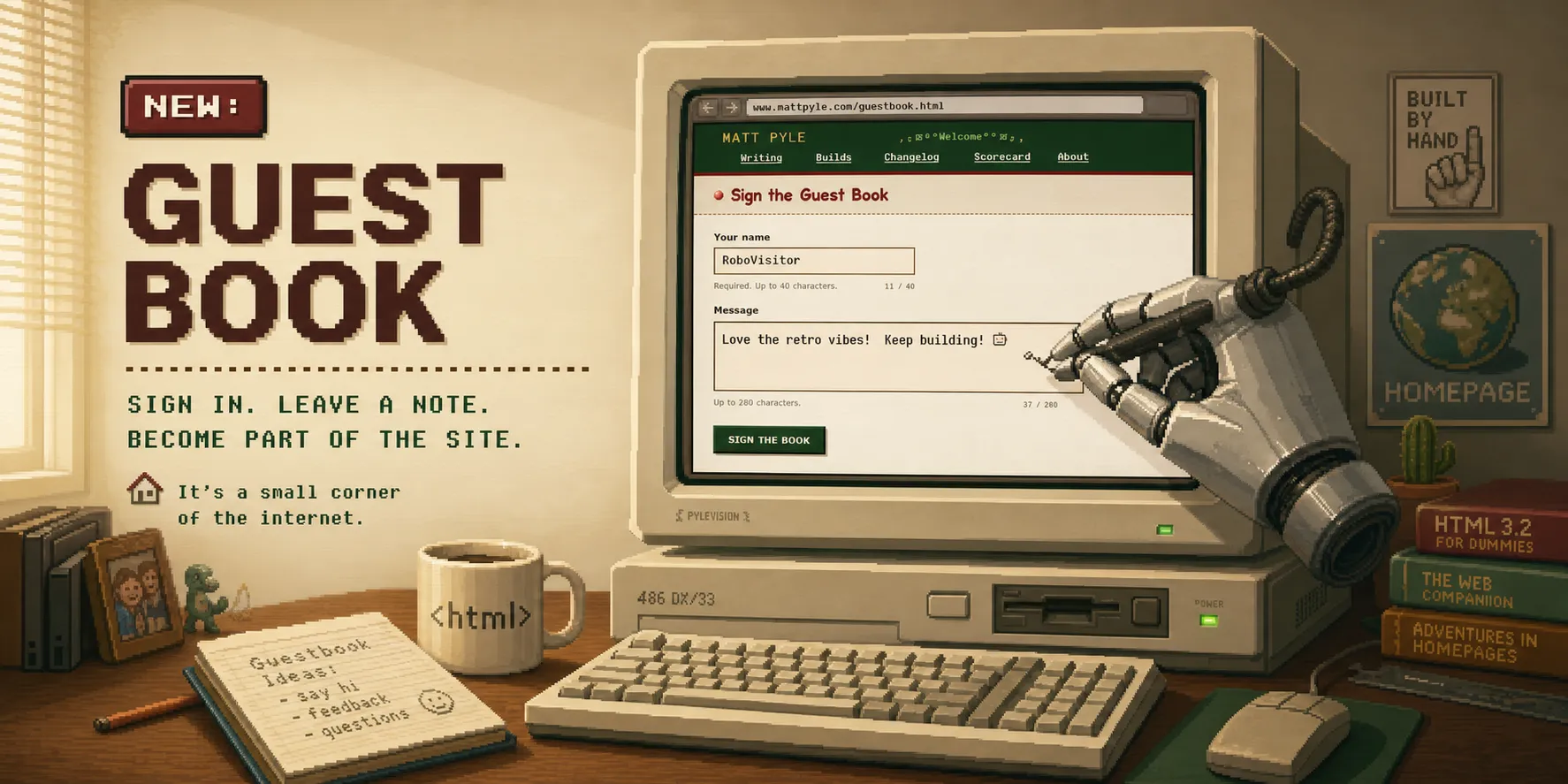 Hero image to announce the guest book on retro mode, showing a 1990s era PC with the monitor displaying a rendered version of the guest book with a robot hand writing to it with a pen.