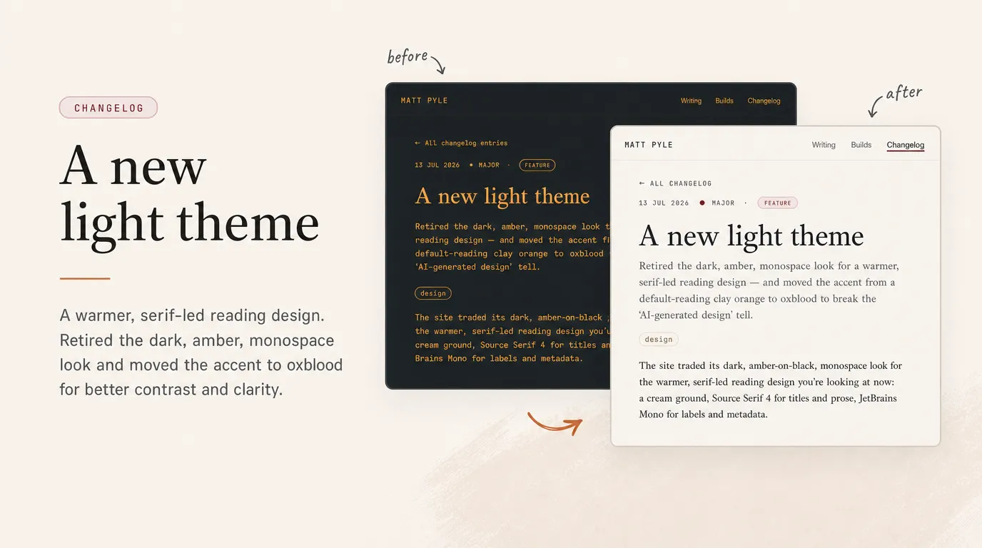 Hero image for the light theme announcement: a before-and-after pair of site mock-ups beside the headline A new light theme. The before card shows the old dark, amber-on-black monospace design; the after card shows the warm cream, serif-led design with oxblood accents.