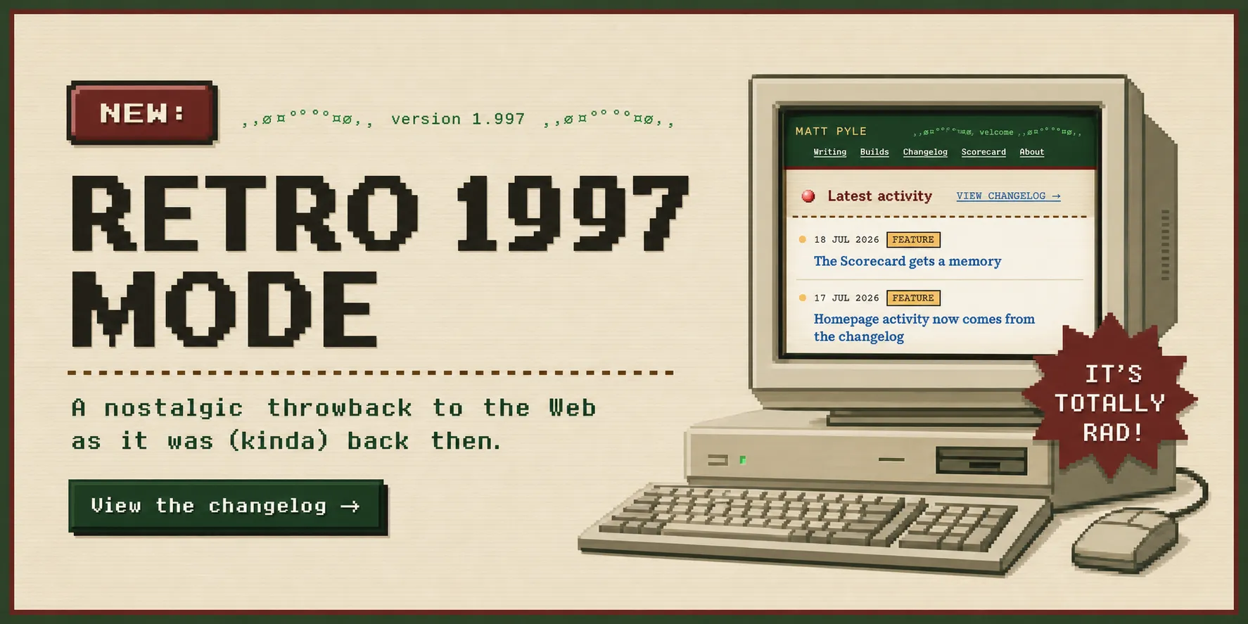 Hero image to announce the Retro 1997 mode, showing a 1990s era PC with the monitor displaying a rendered version of the retro mode website layout