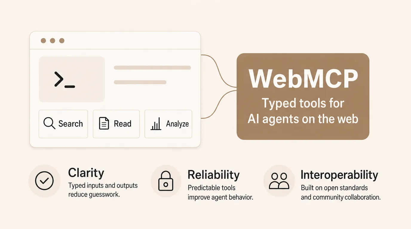 Diagram of a webpage's tools flowing through a WebMCP node labelled typed tools for AI agents on the web, with three benefits noted: clarity from typed inputs and outputs, reliability from predictable tools, and interoperability from open standards