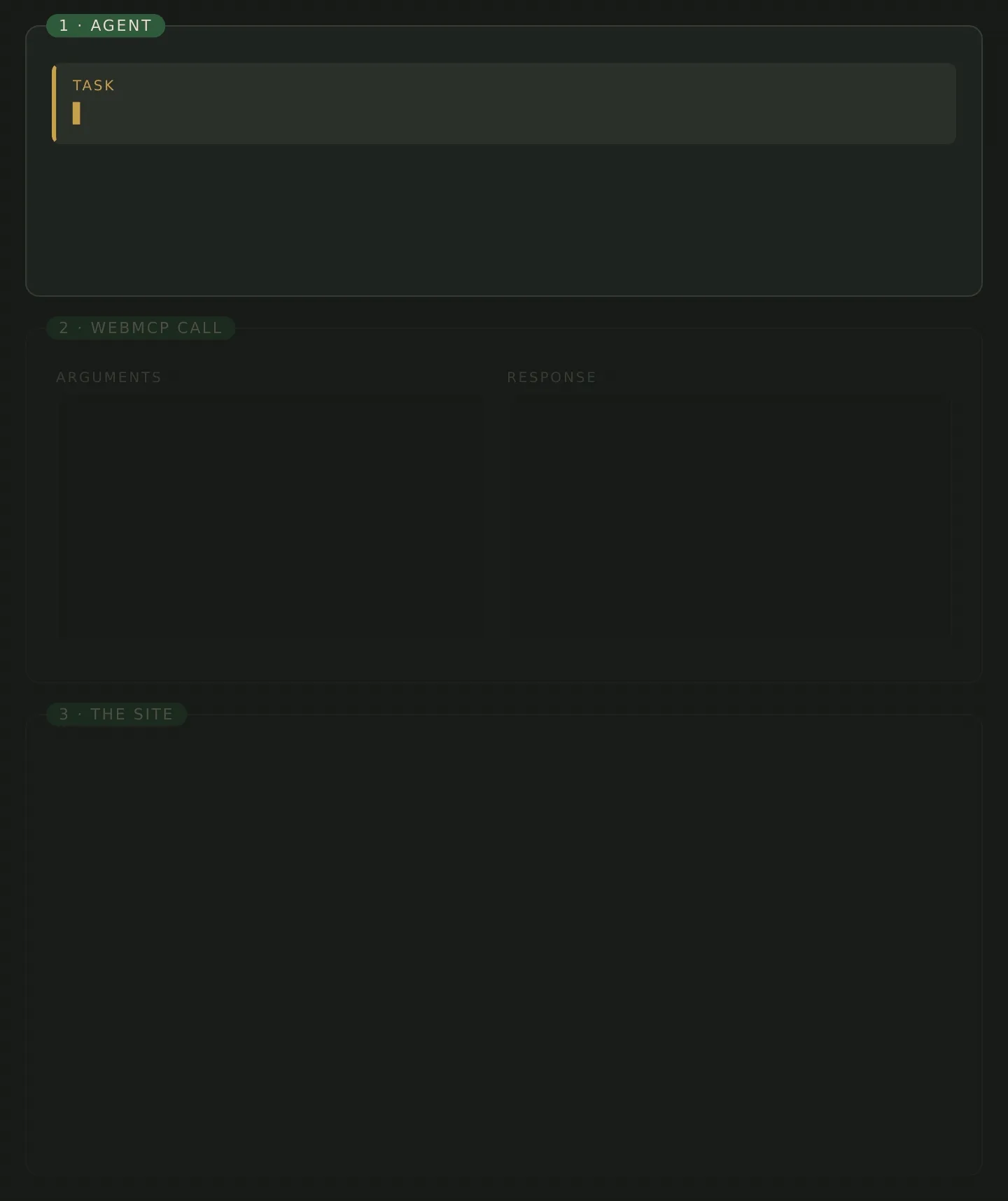 An agent lists the six WebMCP tools on mattpyle.com, calls sign_guestbook with a name and message, and a new entry marked as signed by an agent appears at the top of the guest book.